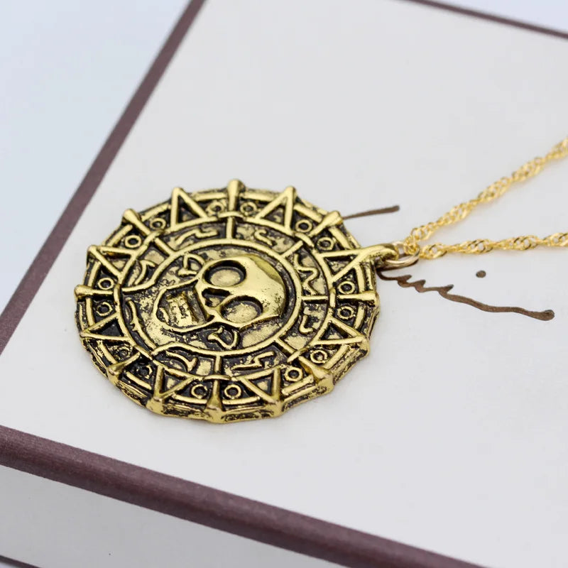 Caribbean Pirates Aztec Gold Coin Necklace – Retro Skull Pendant, Punk Hip Hop Movie Accessory