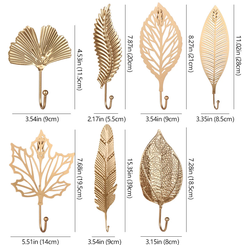 Nordic Style Gold/Green Leaf Shape Wrought Iron Hook Wall Hanger - Towel Clothes Storage Rack for Home Organization