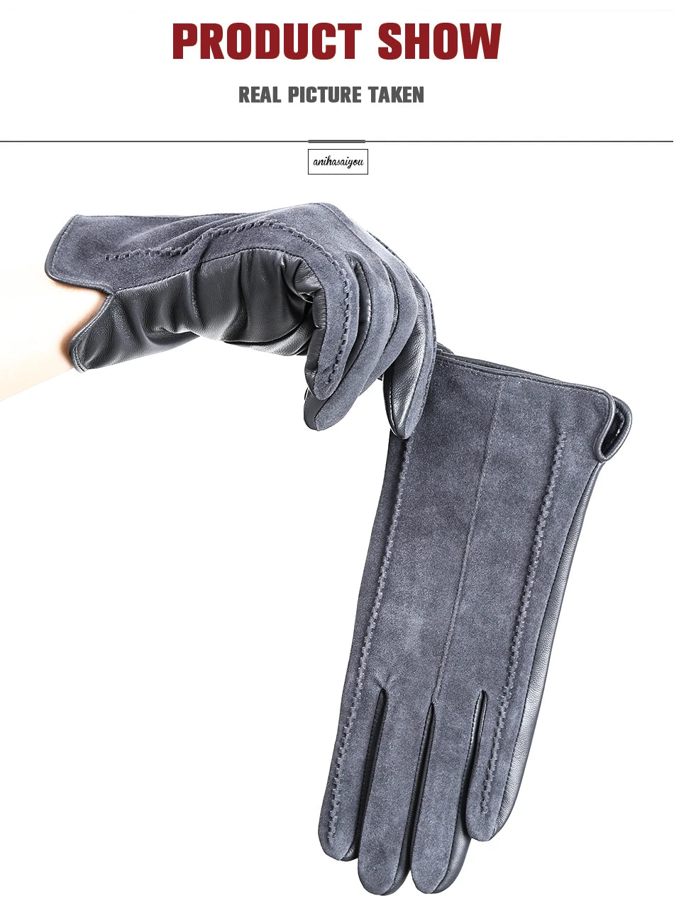 Women’s Winter Touch Gloves – 50% Genuine Leather & 50% Suede, Colorful Warm Leather Gloves
