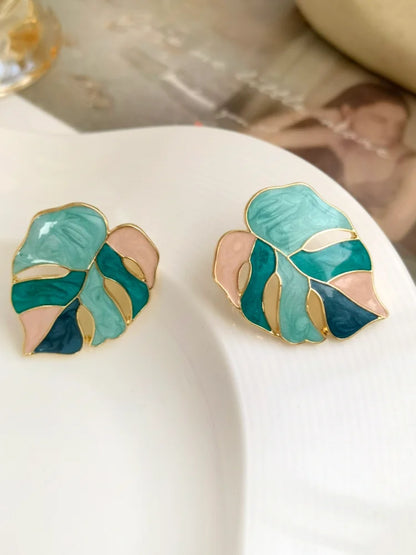 925 Silver Leaf Earrings for Women – Modern Geometric Green & White Trendy Jewelry Gift