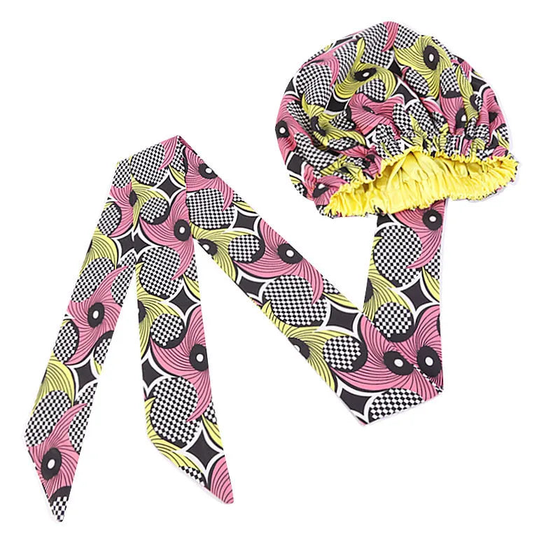 African Satin Lined Bonnet with Long Ribbon - Floral Ankara Print Head Wrap Turban Cap for Women