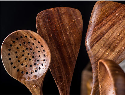 1-7pcs Teak Wood Tableware Set – Natural Wooden Spoons, Colander Spoon & Soup Skimmer Cooking Tool Kit