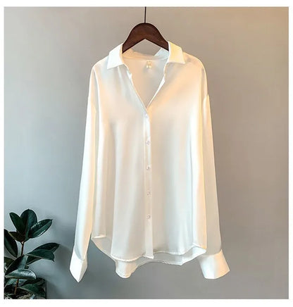 Elegant Satin Women’s Shirt — Loose Vintage Blouse with Turn-Down Collar for Spring & Autumn