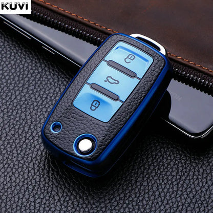 Leather TPU Car Key Case Cover for Volkswagen & Skoda – Fits Polo, Golf, Passat, Tiguan, Beetle, Caddy, T5, Up, Eos, Octavia, Seat Leon, Altea