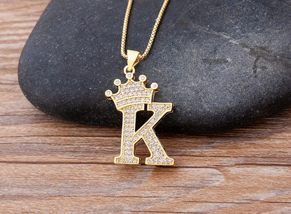 Nidin Luxury A-Z Crown Alphabet Pendant – Copper Zircon Initial Necklace Chain, Hip-Hop Style Jewelry for Men & Women