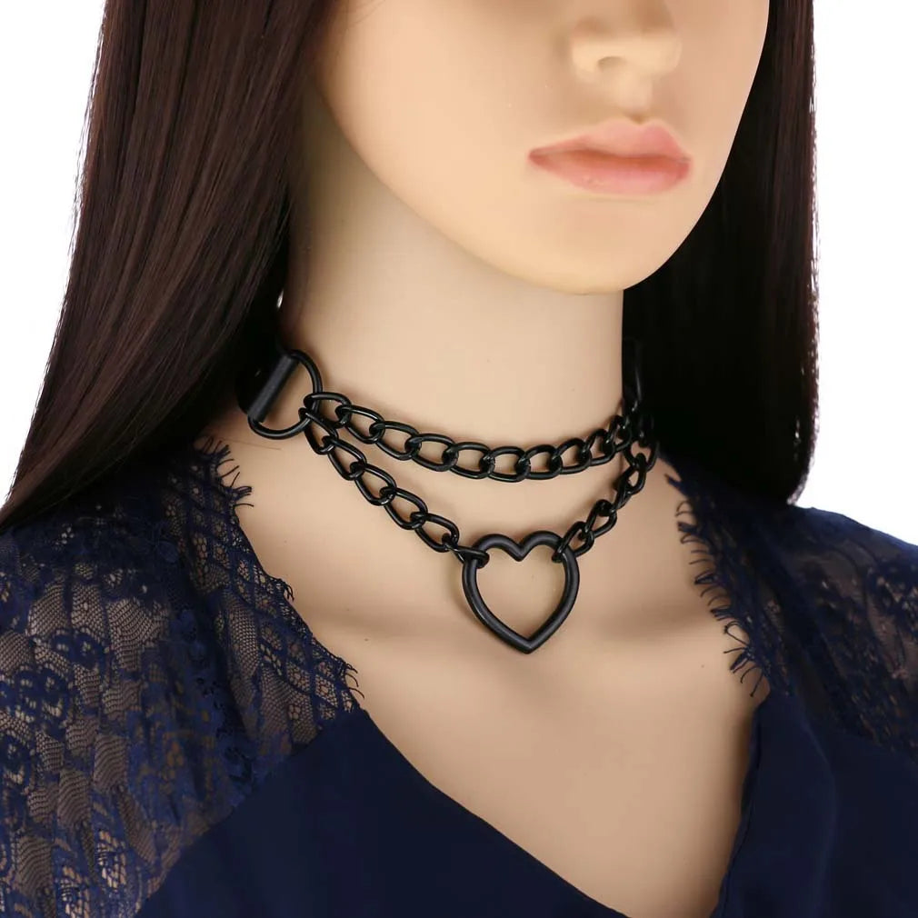 Vintage Heart Necklace Choker – Goth Collar with Chain, Grunge Punk, Cute Kawaii Egirl Harajuku Accessories for Girls