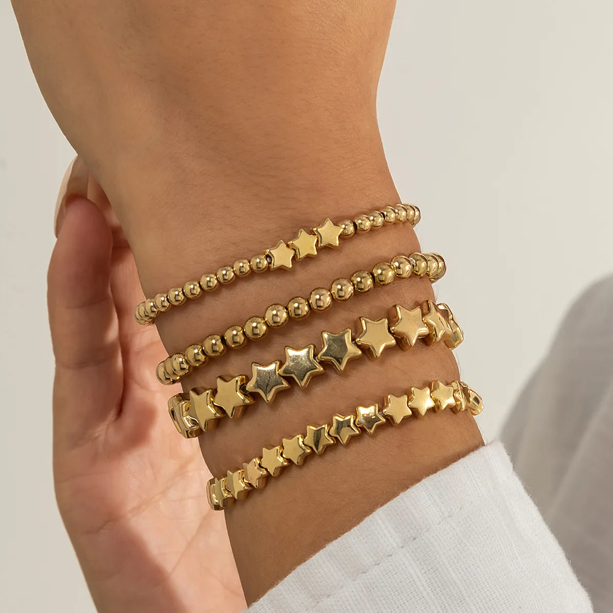 Boho Handmade Beaded Star Bracelet Set — Retro Gold Metal Bracelets for Women, Girly Charm Fashion Jewelry