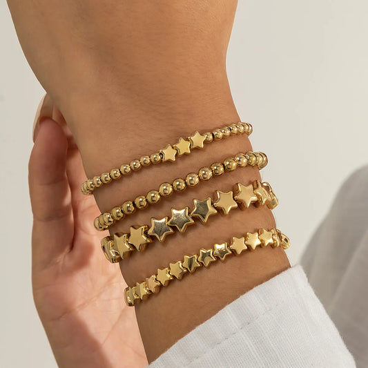 Boho Handmade Beaded Star Bracelet Set — Retro Gold Metal Bracelets for Women, Girly Charm Fashion Jewelry