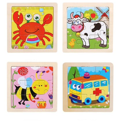11cm Kids Wooden Jigsaw Puzzle – Cartoon Animal & Vehicle Montessori Educational Toys