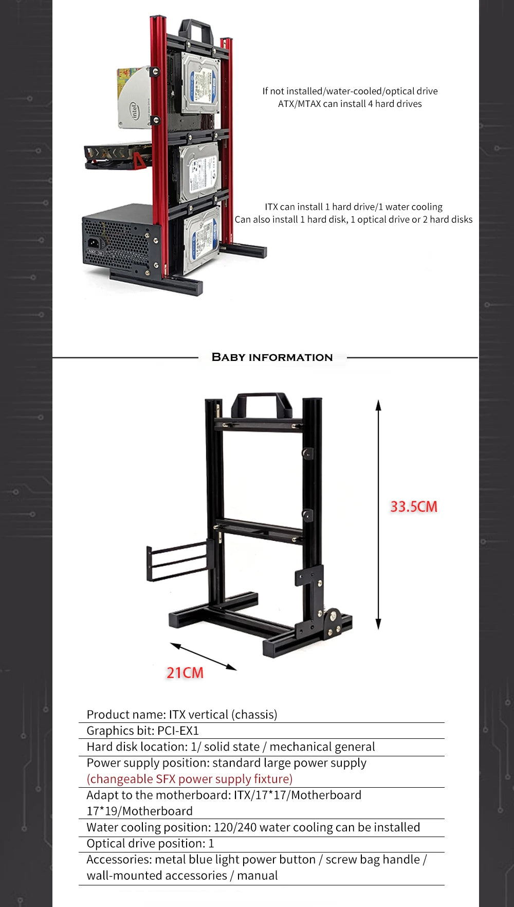 Aluminum Open Frame PC Case – Supports ITX/MATX/ATX Motherboards, Vertical Gaming Cabinet for DIY & Water Cooling Builds