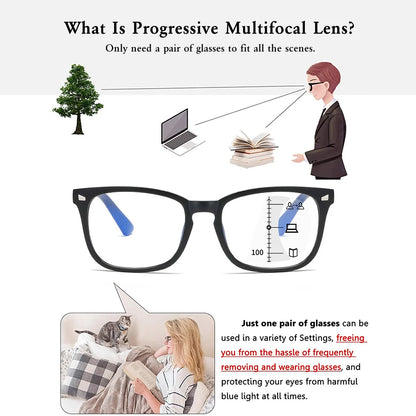CRIXALIS Square Progressive Reading Glasses – Multifocal Anti-Glare Computer Eyewear for Men & Women, UV400 Protection