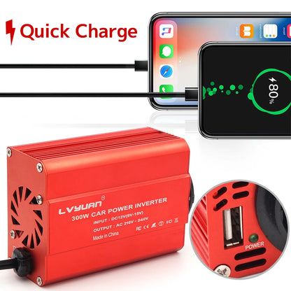 300W Car Power Inverter - DC 12V to AC 110V/220V Dual USB Adapter Converter with Modified Sine Wave, EU & US Sockets
