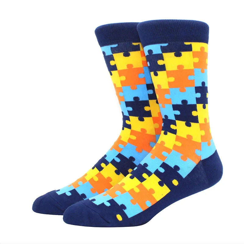 Men’s Funny Argyle Diamond Pattern Cotton Socks – Large Size 3D Geometric Crew Tube Socks, Combed Cotton Casual Novelty Socks