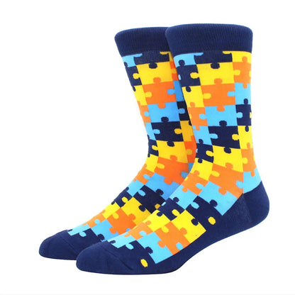 Men’s Funny Argyle Diamond Pattern Cotton Socks – Large Size 3D Geometric Crew Tube Socks, Combed Cotton Casual Novelty Socks