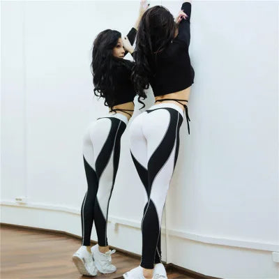 Heart Print Women’s Leggings – High Waist Patchwork Yoga Pants, Red & Black, Plus Size, High Elastic Fitness Tights