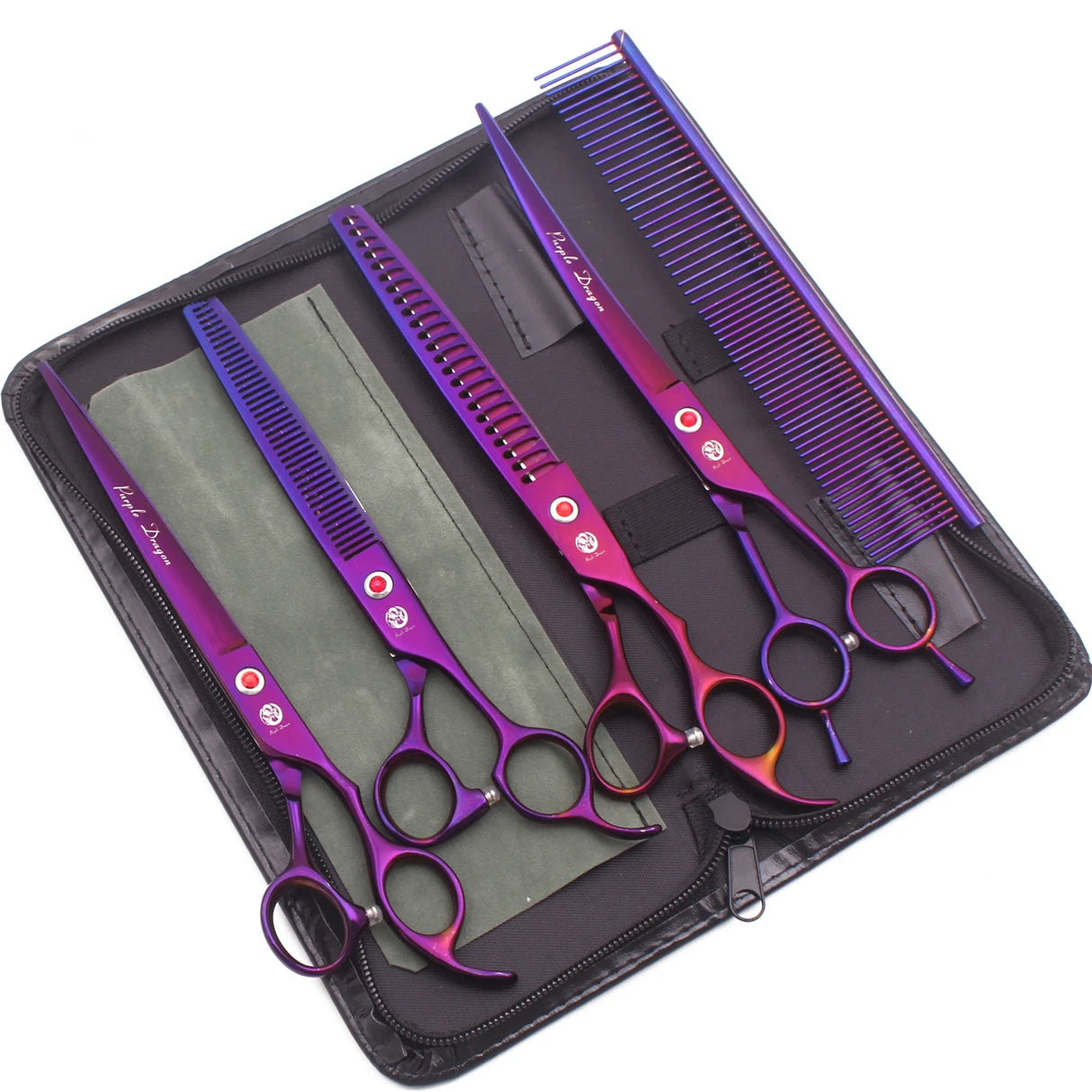 8-inch Purple Dragon Japan 440C Dog Grooming Scissors – Curved Chunker & Thinning Shears with Case (Model Z3015)