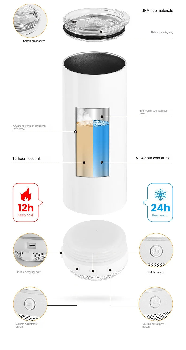 20oz Bluetooth Speaker Stainless Steel Tumbler for Sublimation