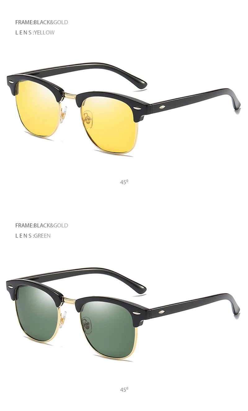 Classic Half Frame Polarized Sunglasses – Retro Rivet Design for Men & Women, Anti-Glare Black Travelling Shades