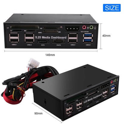 DeepFox 5.25" Media Dashboard Card Reader – USB 2.0/3.0, e-SATA, SATA Front Panel for Optical Drive Bays