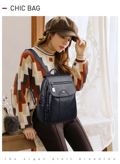 Women's Backpack 2022 - High-Quality Soft Leather, Large Capacity, Leisure Travel & School Bag for Teenage Girls - Black Mochila