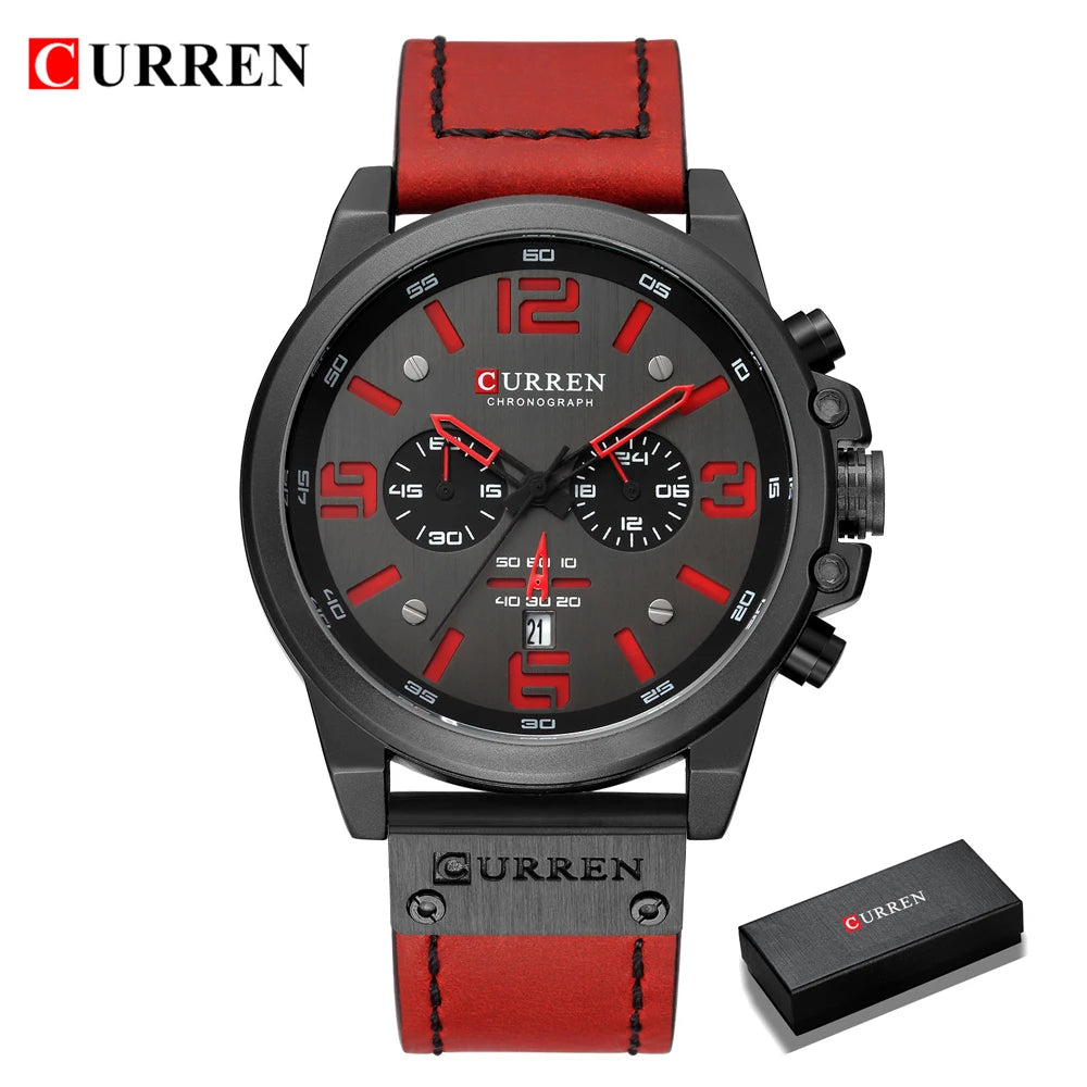 CURREN Men's Luxury Waterproof Sport Watch – Chronograph Quartz Military Wristwatch with Genuine Leather Strap