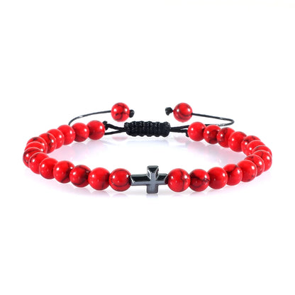 Natural Stone Bead Cross Bracelet - 6mm Braided Christian Prayer Jewelry with Jesus Charm for Men & Women