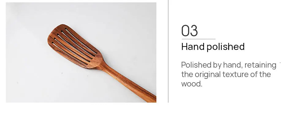 1-7pcs Teak Wood Tableware Set – Natural Wooden Spoons, Colander Spoon & Soup Skimmer Cooking Tool Kit