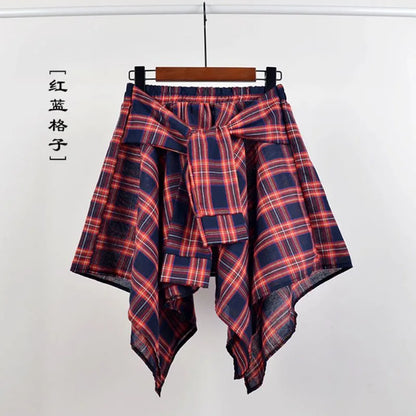 TOTRUST Women’s Fashion Asymmetrical Summer Plaid Mini Skirt – Casual College Style Fake Shirt Design