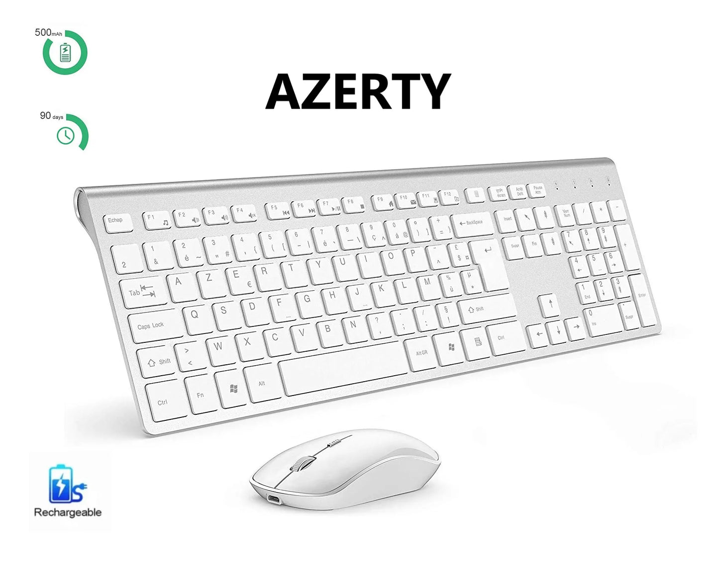 France Layout Wireless Keyboard and Mouse Combo – Full-Size Slim AZERTY Numeric Keypad, Rechargeable Built-In Battery Set
