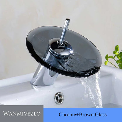 Colorful Glass Waterfall Bathroom Faucet – Chrome Deck Mounted Basin Sink Tap with Single Lever Mixer