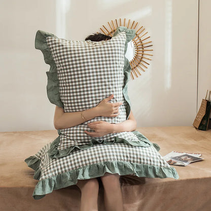 2 Pack 48x74cm Plaid Washed Cotton Pillowcases – Super Soft Ruffled Bedding Covers for Home & Dorm Decor
