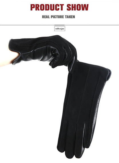 Women’s Winter Touch Gloves – 50% Genuine Leather & 50% Suede, Colorful Warm Leather Gloves