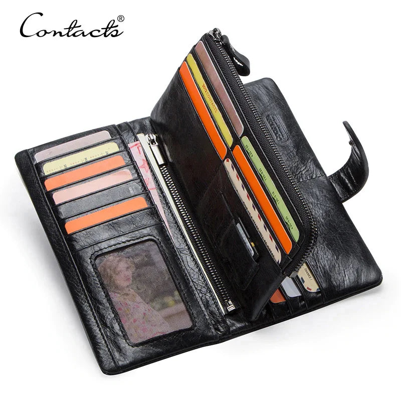 CONTACT'S Genuine Leather Men’s Long Wallet – Phone Bag with Zipper Coin Pocket, Clutch Purse & Small Wallet