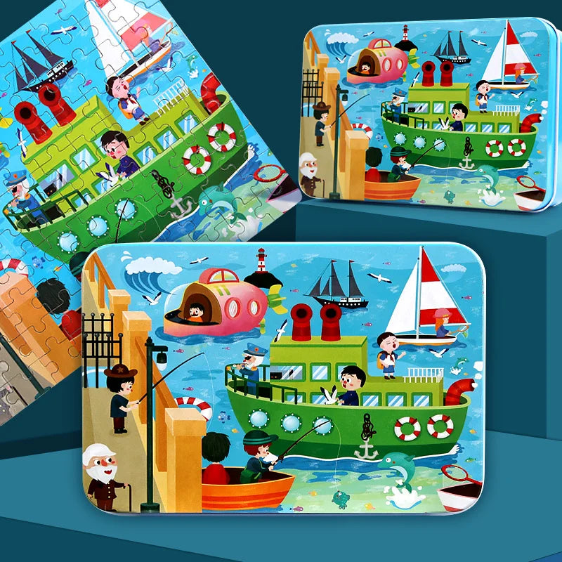 100PCS Kids Wooden Puzzle Set – Cartoon Animal & Vehicle Jigsaw Toys for Early Learning & Parent-Child Play