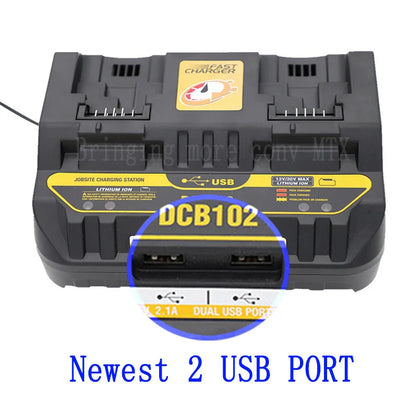 Fast Charging DCB102 Li-ion Battery Charger - For DeWalt 12V, 14.4V, 18V, 20V with USB Port & Dual Charging Position
