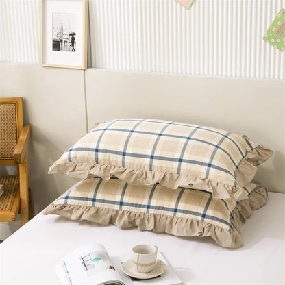 2 Pack 48x74cm Plaid Washed Cotton Pillowcases – Super Soft Ruffled Bedding Covers for Home & Dorm Decor