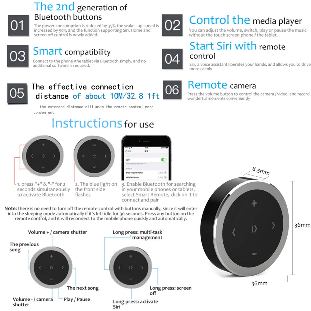Mini Wireless Bluetooth-compatible Media Button Remote Controller: Steering Wheel MP3 Music Play for Car, Motorcycle - Compatible with IOS & Android