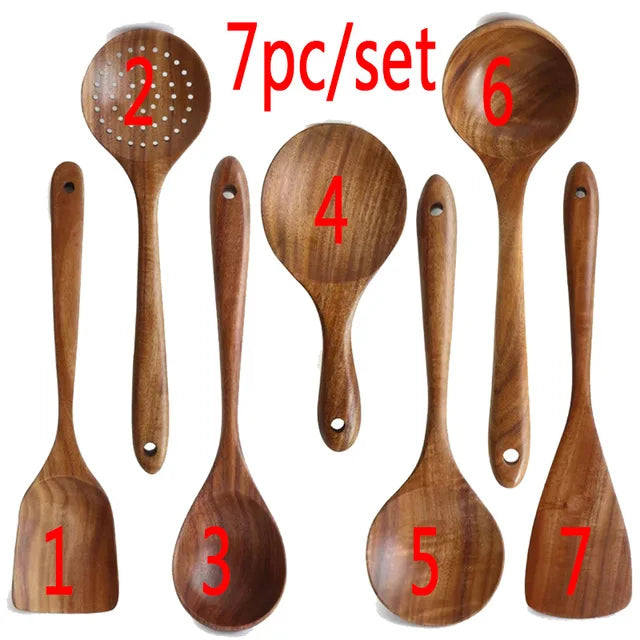 1-9pcs Teak Wood Tableware Set – Natural Wooden Cooking Spoons, Colander Spoon & Soup Skimmer Kitchen Tool Kit