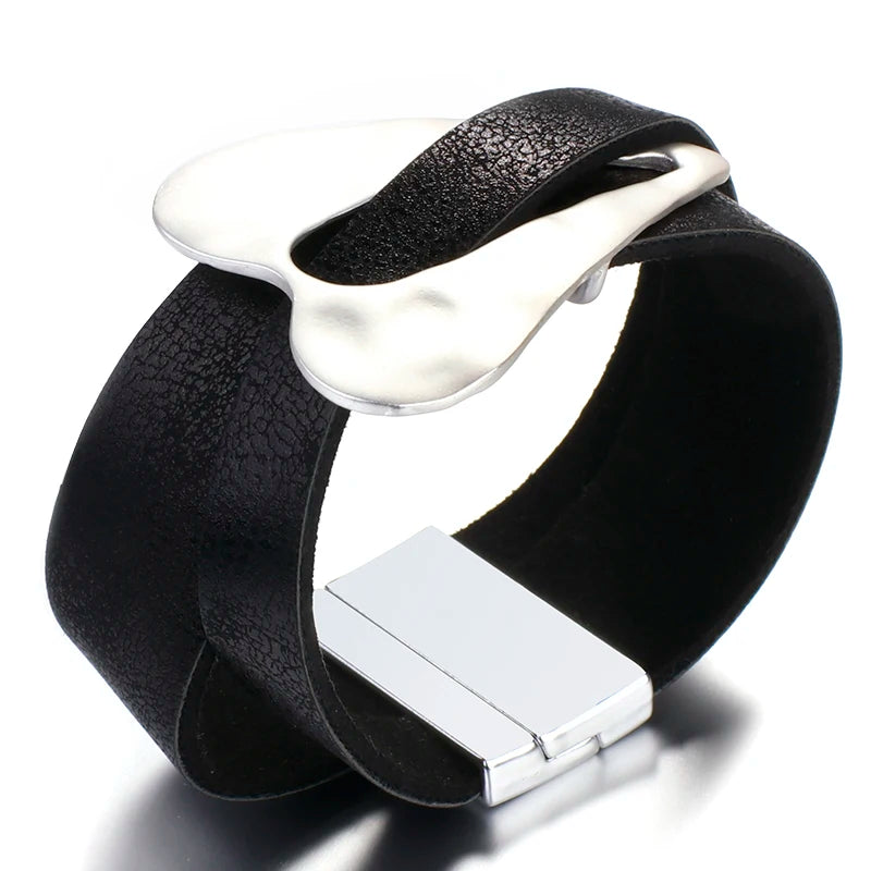 ALLYES Black Leather Bracelet for Men & Women - Fashion 2024 Magnetic Buckle with Heart Charm, Wide Wrap Jewelry