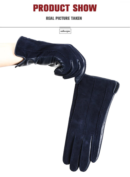 Women’s Winter Touch Gloves – 50% Genuine Leather & 50% Suede, Colorful Warm Leather Gloves