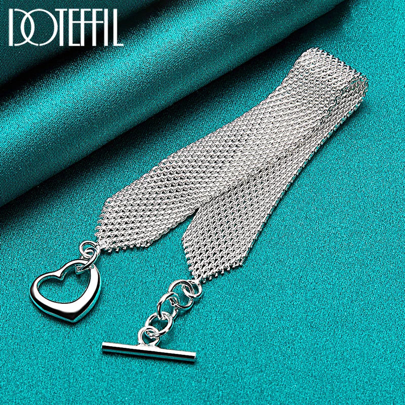 DOTEFFIL 925 Sterling Silver Heart Bracelet – Watchband Style Chain Jewelry for Men & Women