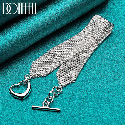 DOTEFFIL 925 Sterling Silver Heart Bracelet – Watchband Style Chain Jewelry for Men & Women