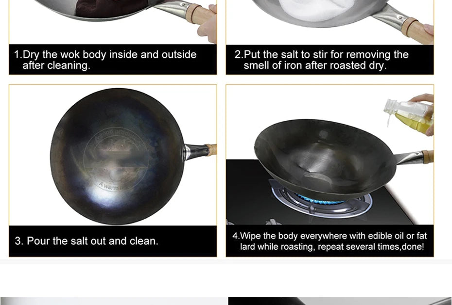 Hand Forged Household Iron Wok, Pure Iron Pan with Wooden Handle, Non-Coating, Non-Stick, for Gas Cooker