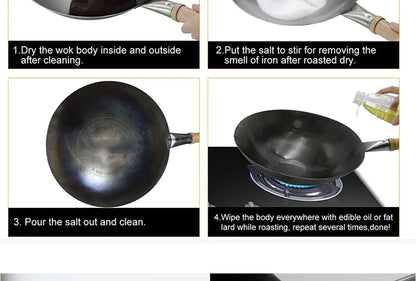 Hand Forged Household Iron Wok, Pure Iron Pan with Wooden Handle, Non-Coating, Non-Stick, for Gas Cooker