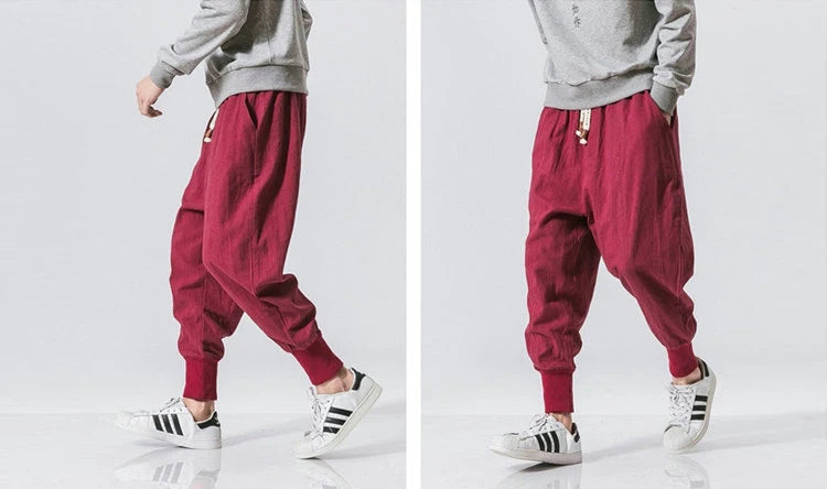 Men’s Cotton Linen Harem Pants – Solid Color Baggy Drop-Crotch Joggers with Elastic Waist Casual Streetwear Trousers
