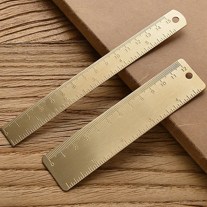 Vintage Brass Straight Ruler — Metal Triangle Protractor Measuring Tool for Students