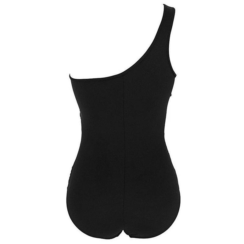 Plus Size One Shoulder Swimsuit - Women's Mesh Push Up Padded Slim Fit Solid Color Bathing Suit