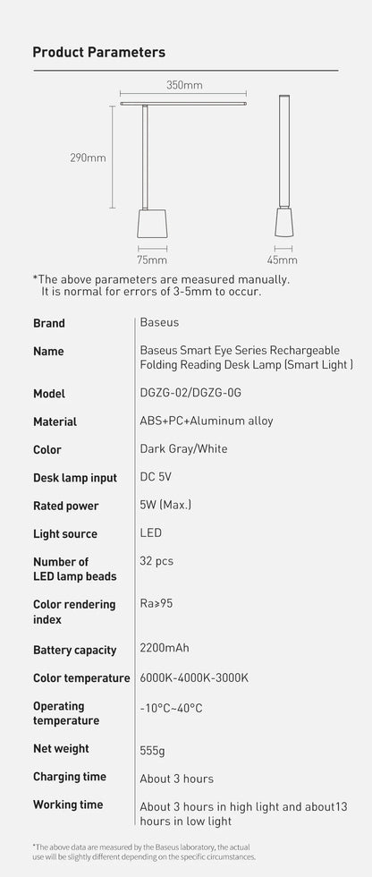 Baseus LED Desk Lamp – Eye Protection, Dimmable, Foldable Table Lamp with Smart Adaptive Brightness for Study & Office