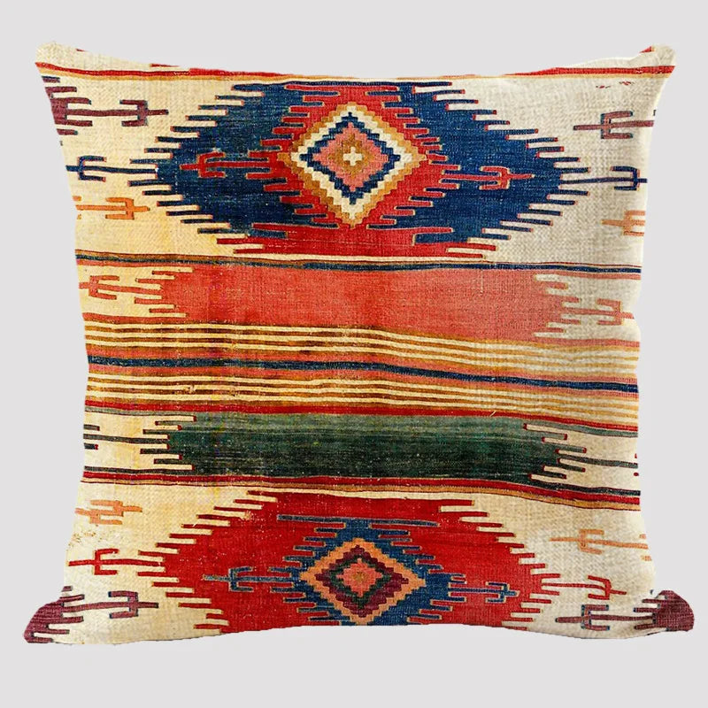 Bohemian Linen Cushion Cover – Multicolor Ethnic Geometric Pattern Decorative Pillow for Living Room Sofa