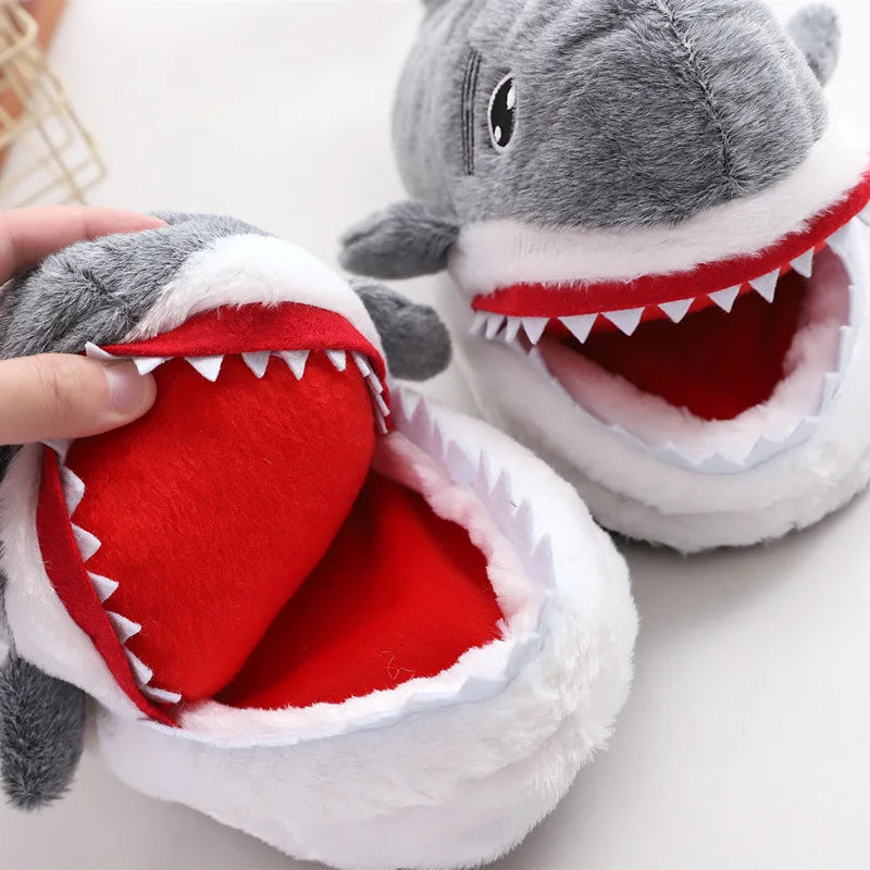 Feerldi Shark Winter Slippers — Cartoon Anime Slip-On Fish Slides for Girls, Boys & Women, Plush Open-Mouth Cotton Shoes